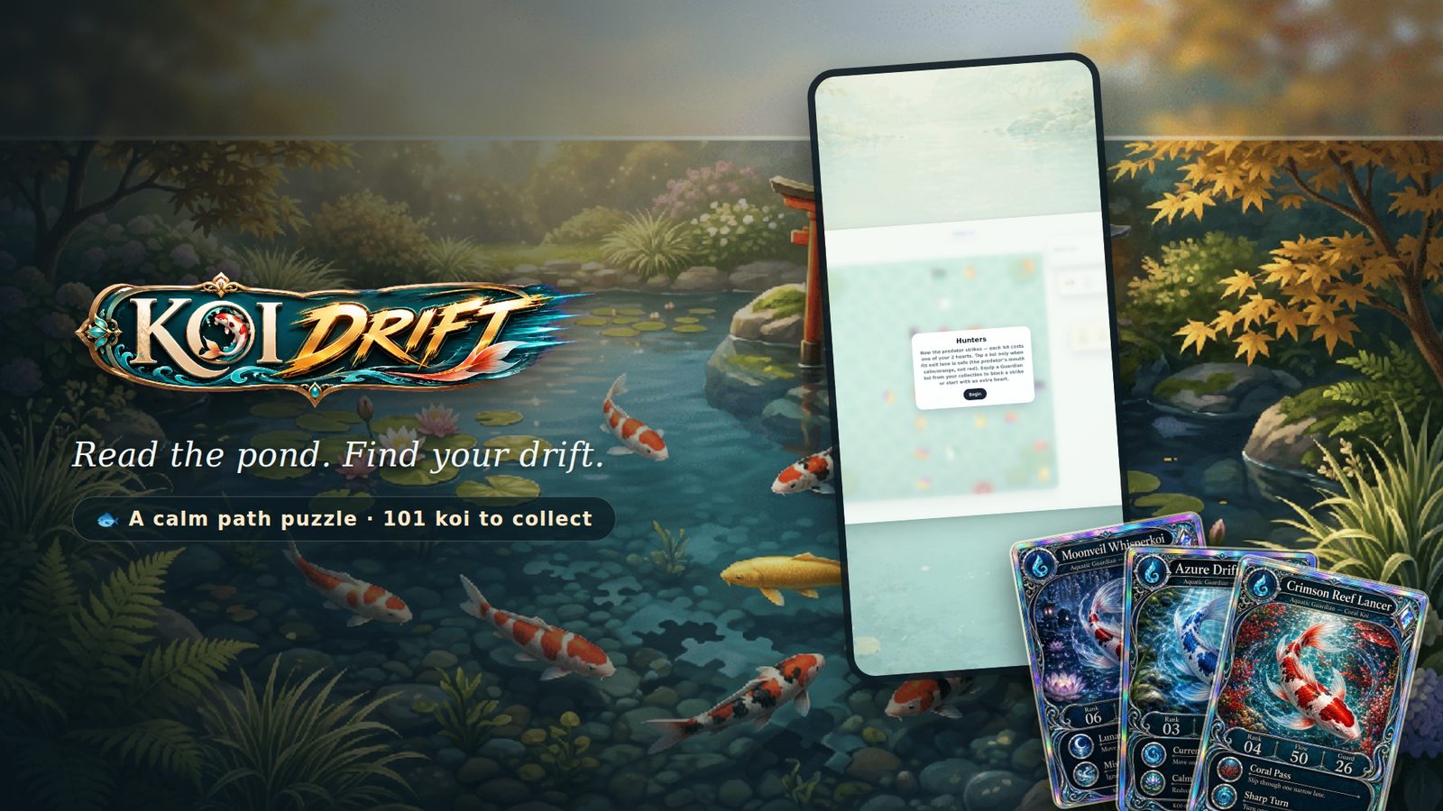 Koi Drift — painted koi drifting through a pond, with the game board and collectible koi cards